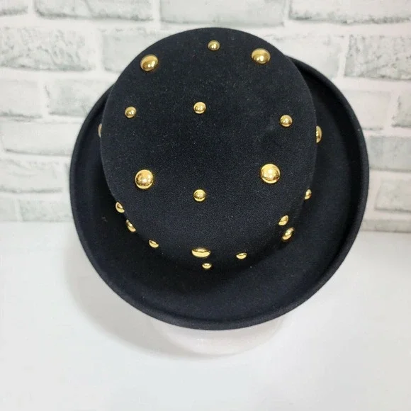 Vintage Black LiteFelt Wool Hat Gold Studded Steampunk Western‎ Bowler Style USA - Picture 5 of 9